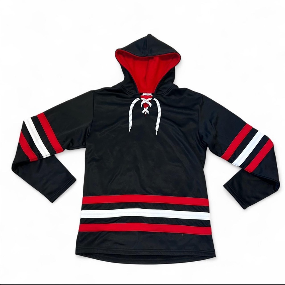 Black Hoodie with Red & White Stripe Accents Hockey Lace Detail NWOT Size Small